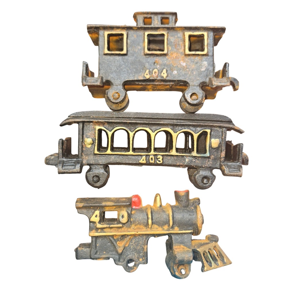 Unbranded Cast Iron Train Set 3pc Black Gold 403 404 Antique Industrial Rustic